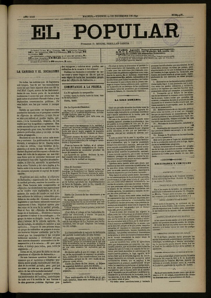 Miniatura de El Popular: diario independiente, político, literario y de noticias de interés general del 12 de diciembre de 1890, nº 9938