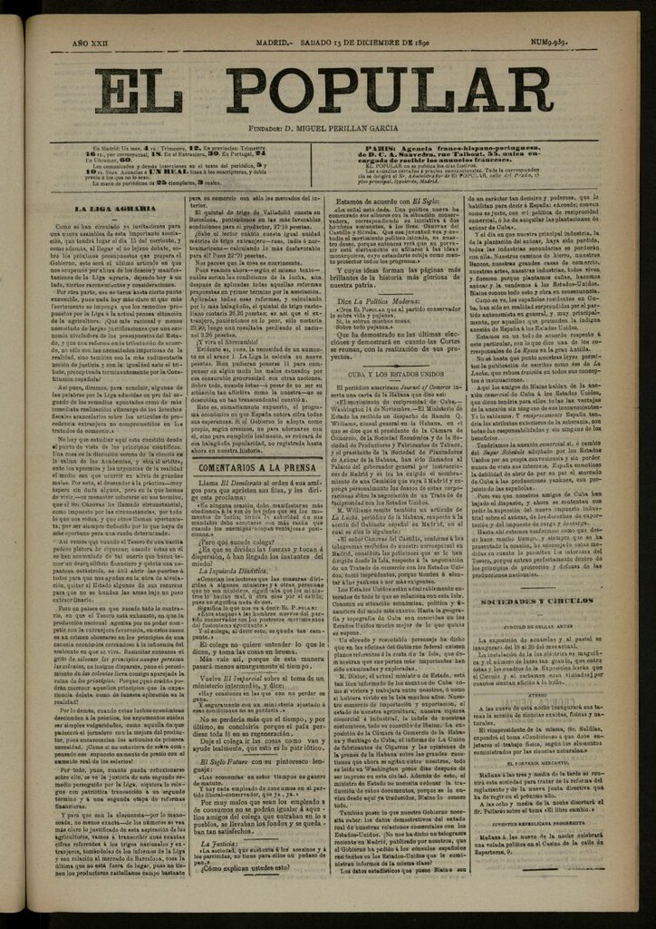 Miniatura de El Popular: diario independiente, político, literario y de noticias de interés general del 13 de diciembre de 1890, nº 9939