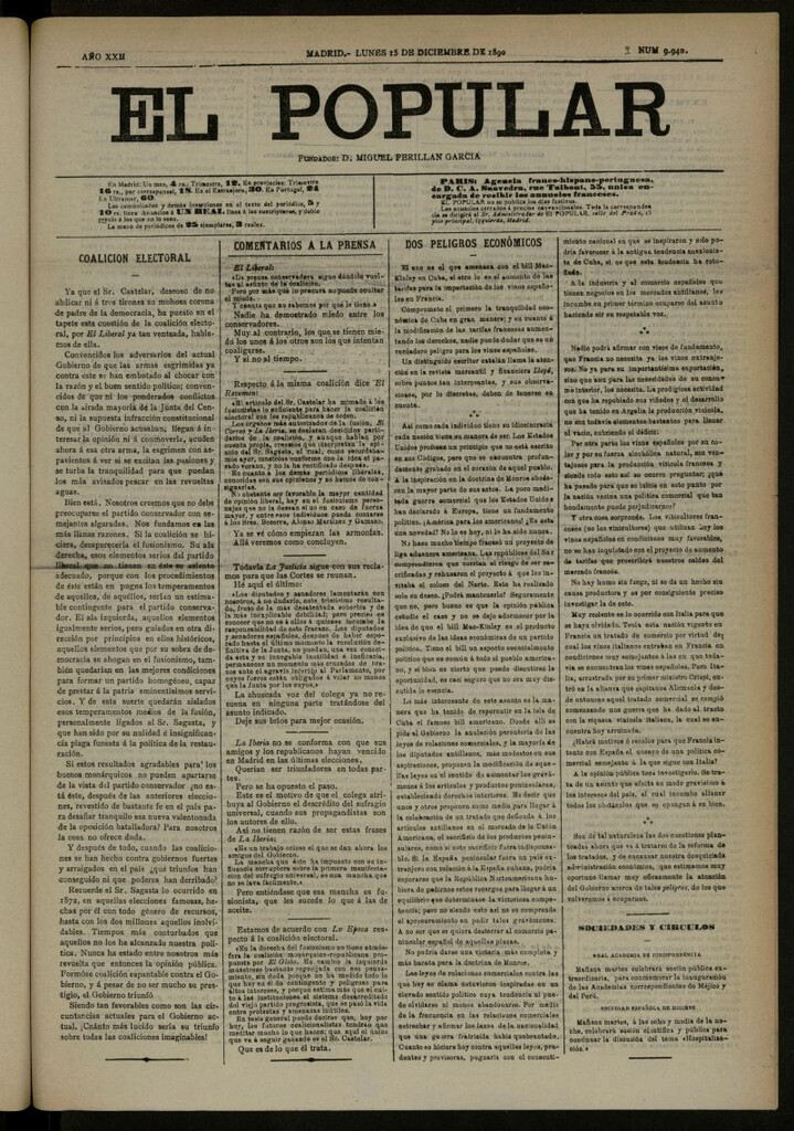 Miniatura de El Popular: diario independiente, político, literario y de noticias de interés general del 15 de diciembre de 1890, nº 9940