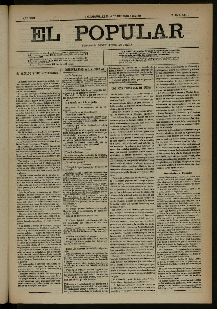 Miniatura de El Popular: diario independiente, político, literario y de noticias de interés general del 16 de diciembre de 1890, nº 9941