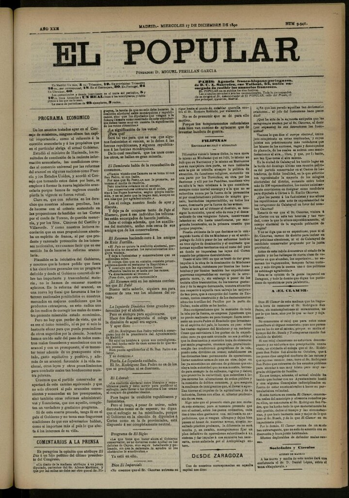 Miniatura de El Popular: diario independiente, político, literario y de noticias de interés general del 17 de diciembre de 1890, nº 9942