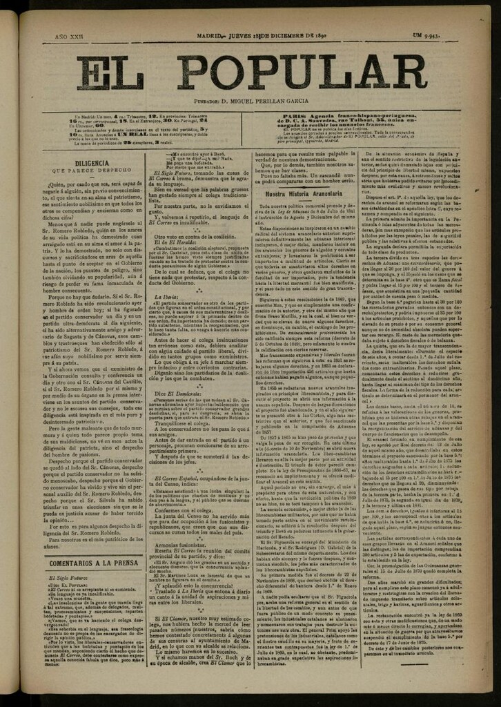Miniatura de El Popular: diario independiente, político, literario y de noticias de interés general del 18 de diciembre de 1890, nº 9943