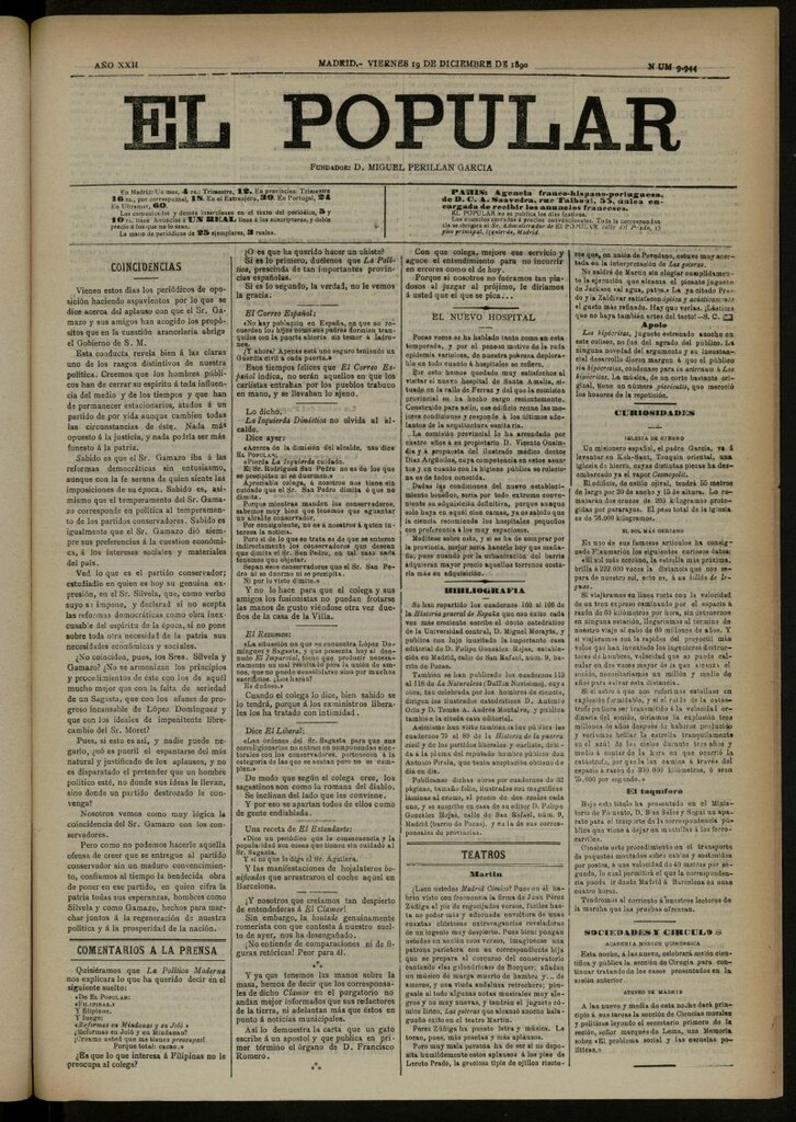 Miniatura de El Popular: diario independiente, político, literario y de noticias de interés general del 19 de diciembre de 1890, nº 9944
