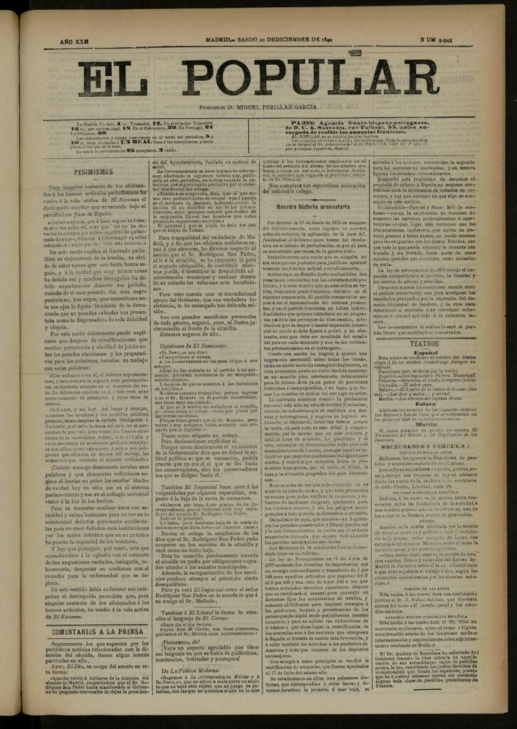 Miniatura de El Popular: diario independiente, político, literario y de noticias de interés general del 20 de diciembre de 1890, nº 9945