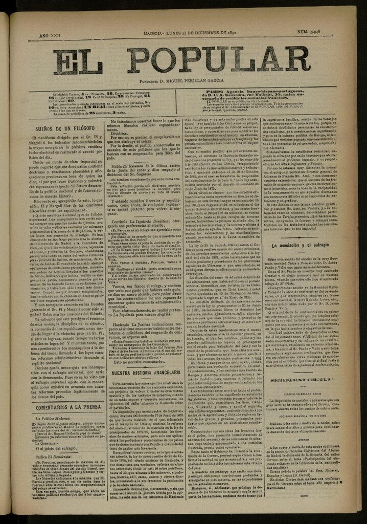 Miniatura de El Popular: diario independiente, político, literario y de noticias de interés general del 22 de diciembre de 1890, nº 9946