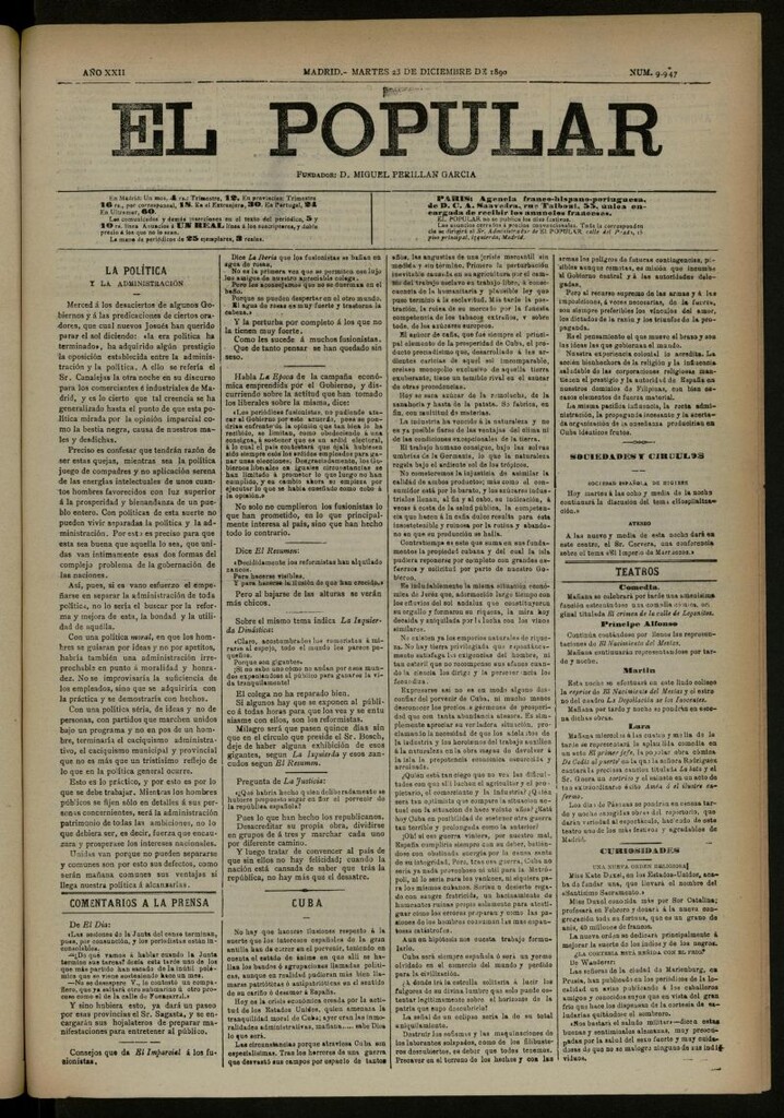 Miniatura de El Popular: diario independiente, político, literario y de noticias de interés general del 23 de diciembre de 1890, nº 9947