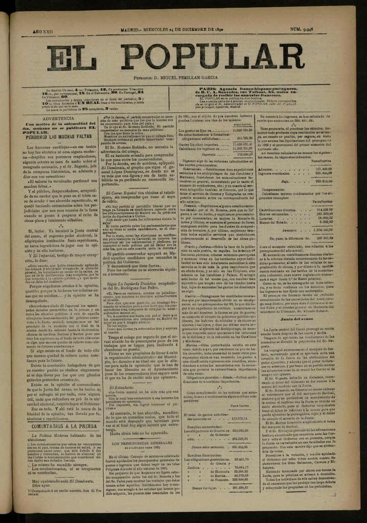 Miniatura de El Popular: diario independiente, político, literario y de noticias de interés general del 24 de diciembre de 1890, nº 9948