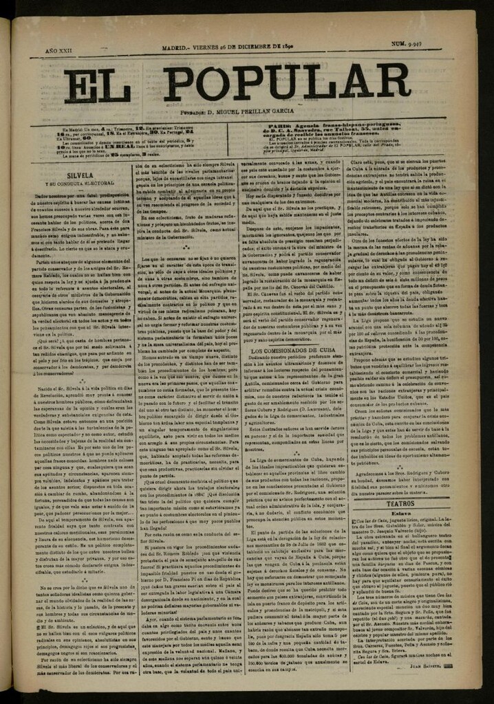 Miniatura de El Popular: diario independiente, político, literario y de noticias de interés general del 26 de diciembre de 1890, nº 9949