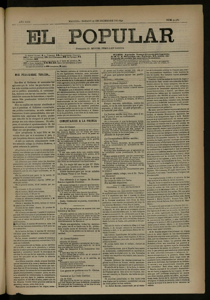 Miniatura de El Popular: diario independiente, político, literario y de noticias de interés general del 27 de diciembre de 1890, nº 9950