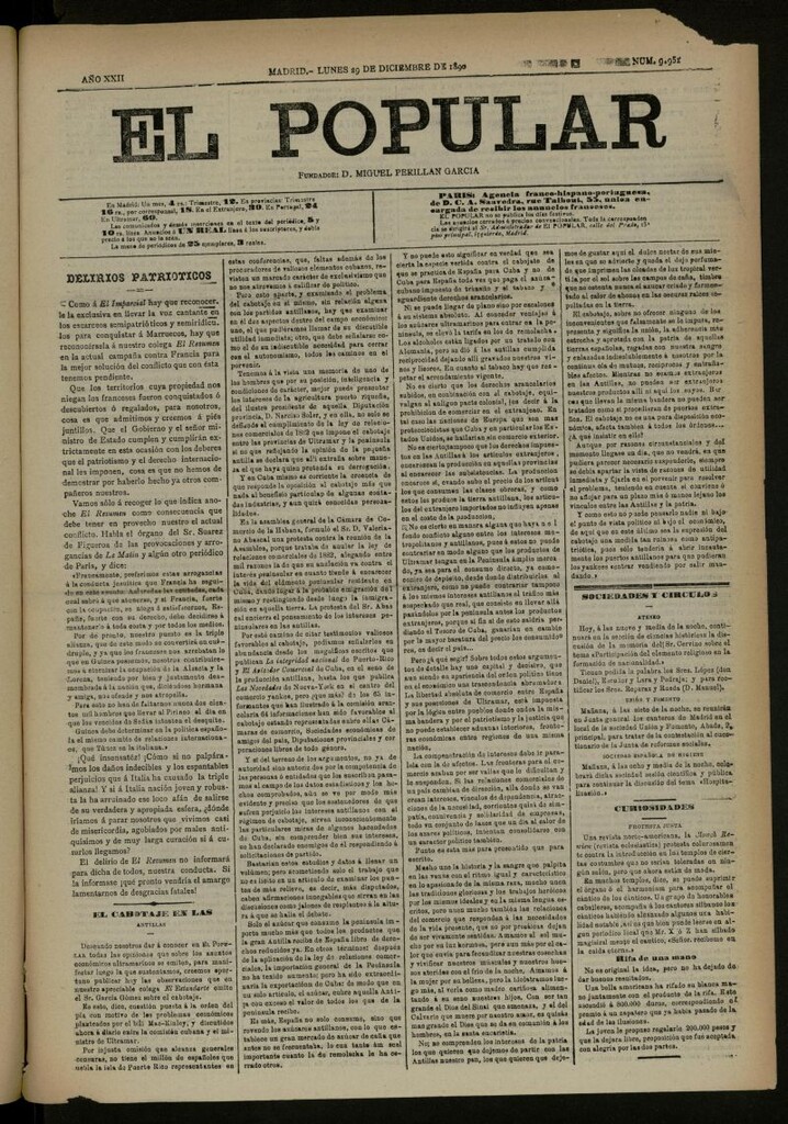 Miniatura de El Popular: diario independiente, político, literario y de noticias de interés general del 29 de diciembre de 1890, nº 9951