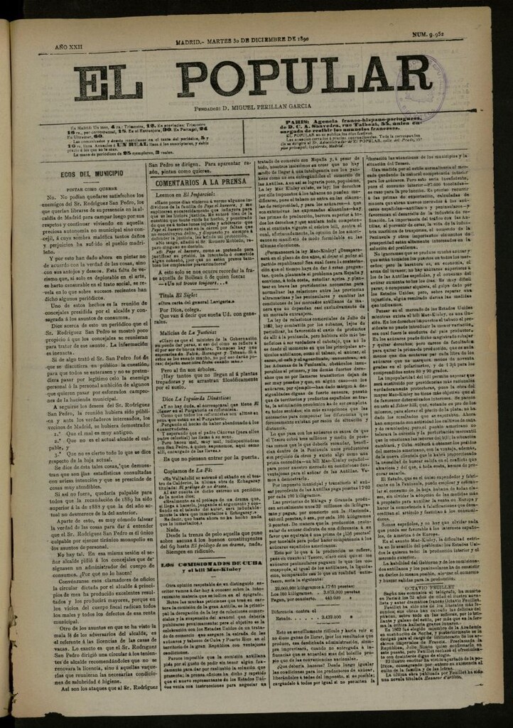 Miniatura de El Popular: diario independiente, político, literario y de noticias de interés general del 30 de diciembre de 1890, nº 9952