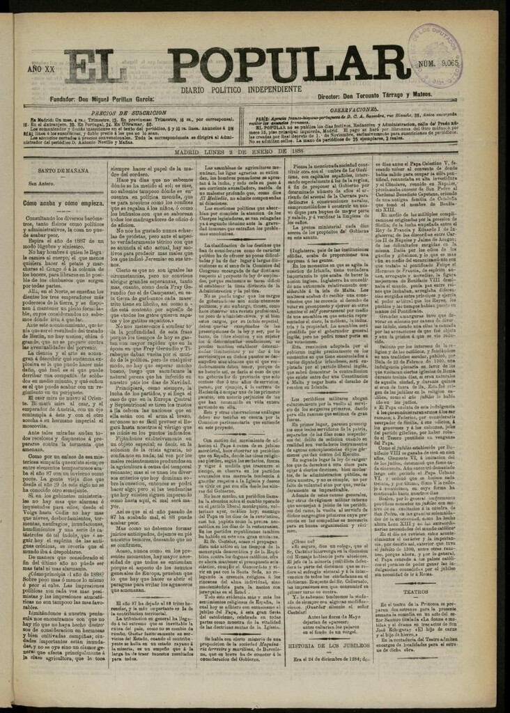 Miniatura de El Popular: diario independiente, político, literario y de noticias de interés general del 2 de enero de 1888, Nº 9065