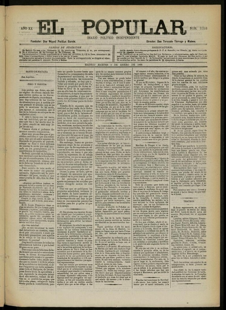 Miniatura de El Popular: diario independiente, político, literario y de noticias de interés general del 3 de enero de 1888, Nº 9066