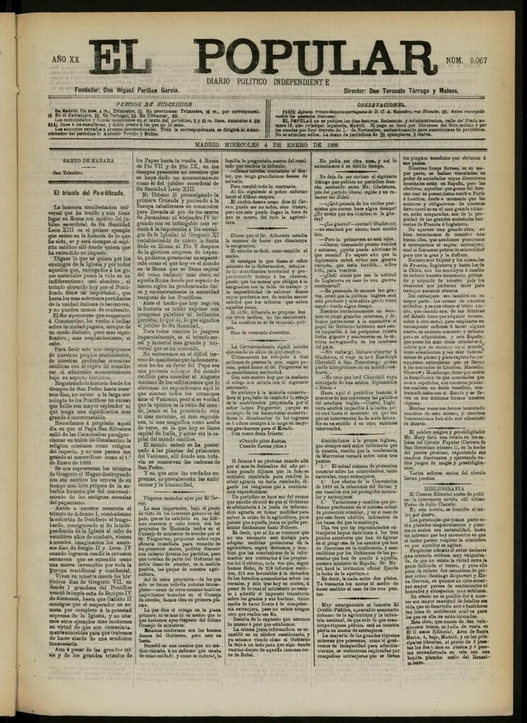 Miniatura de El Popular: diario independiente, político, literario y de noticias de interés general del 4 de enero de 1888, Nº 9067