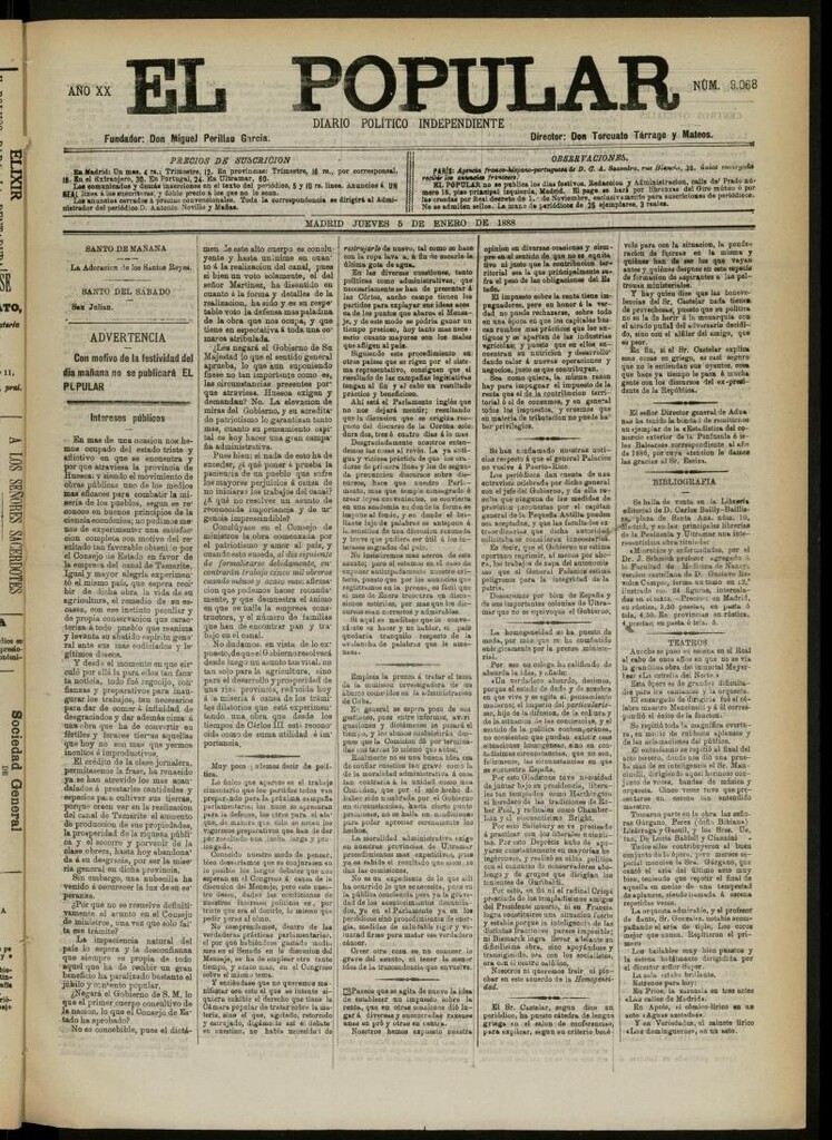 Miniatura de El Popular: diario independiente, político, literario y de noticias de interés general del 5 de enero de 1888, Nº 9068