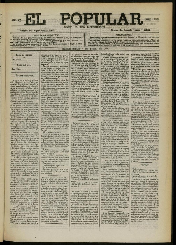 Miniatura de El Popular: diario independiente, político, literario y de noticias de interés general del 7 de enero de 1888, Nº 9069