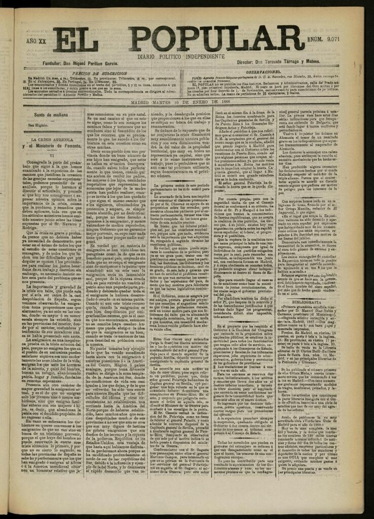 Miniatura de El Popular: diario independiente, político, literario y de noticias de interés general del 10 de enero de 1888, Nº 9071