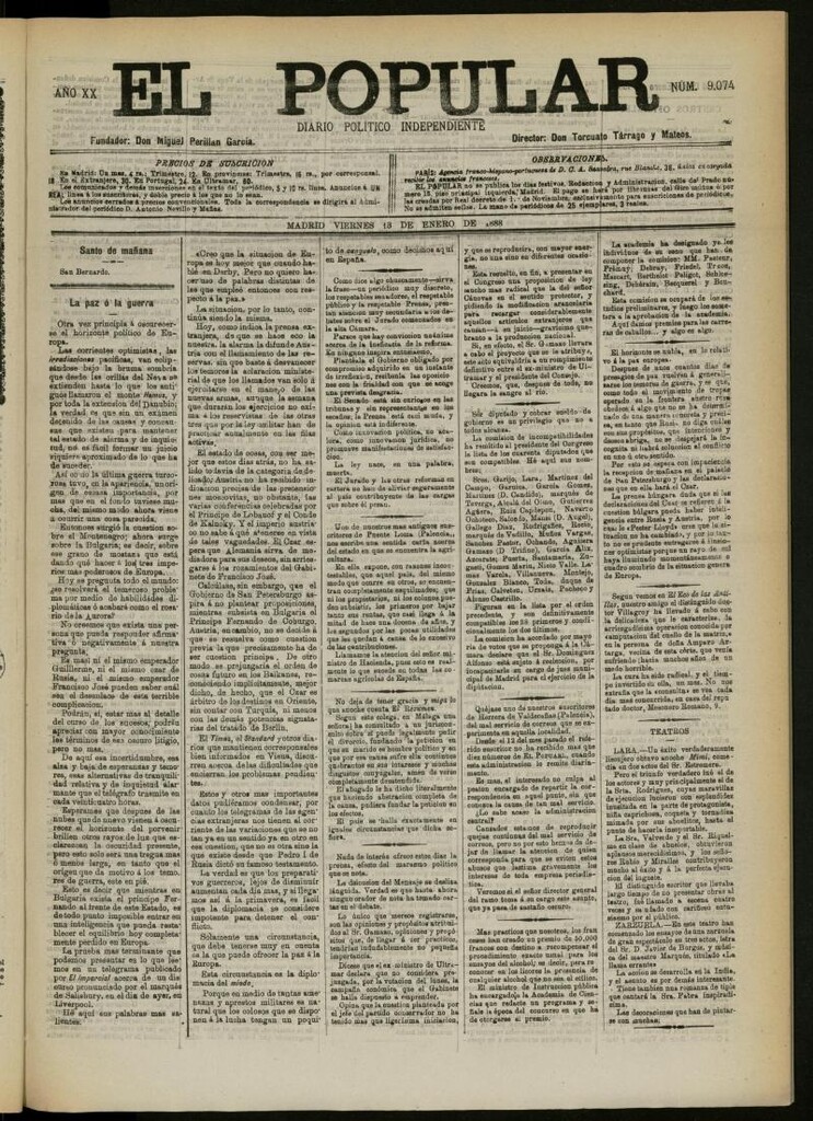 Miniatura de El Popular: diario independiente, político, literario y de noticias de interés general del 13 de enero de 1888, Nº 9074