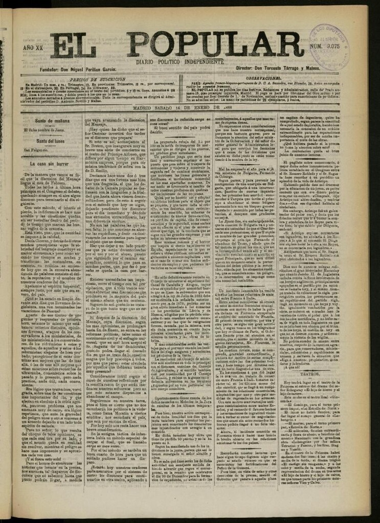 Miniatura de El Popular: diario independiente, político, literario y de noticias de interés general del 14 de enero de 1888, Nº 9075