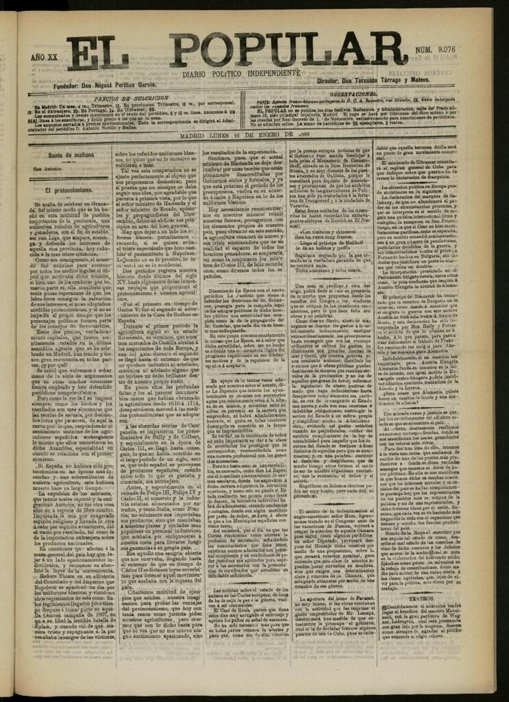 Miniatura de El Popular: diario independiente, político, literario y de noticias de interés general del 16 de enero de 1888, Nº 9076