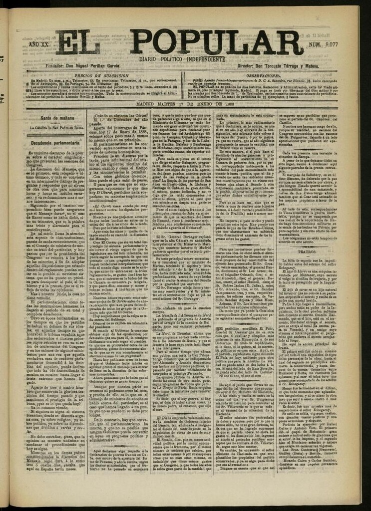 Miniatura de El Popular: diario independiente, político, literario y de noticias de interés general del 17 de enero de 1888, Nº 9077