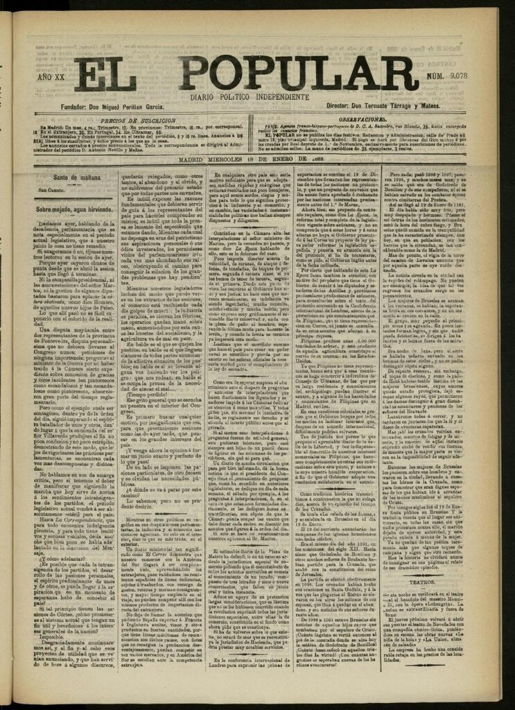 Miniatura de El Popular: diario independiente, político, literario y de noticias de interés general del 18 de enero de 1888, Nº 9078