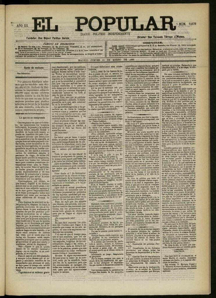 Miniatura de El Popular: diario independiente, político, literario y de noticias de interés general del 19 de enero de 1888, Nº 9079