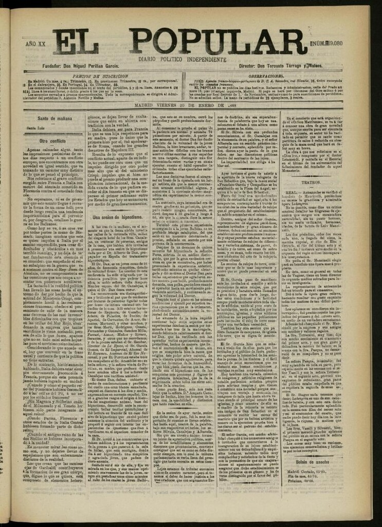 Miniatura de El Popular: diario independiente, político, literario y de noticias de interés general del 20 de enero de 1888, Nº 9080