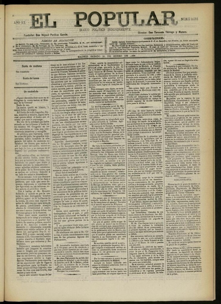 Miniatura de El Popular: diario independiente, político, literario y de noticias de interés general del 21 de enero de 1888, Nº 9081