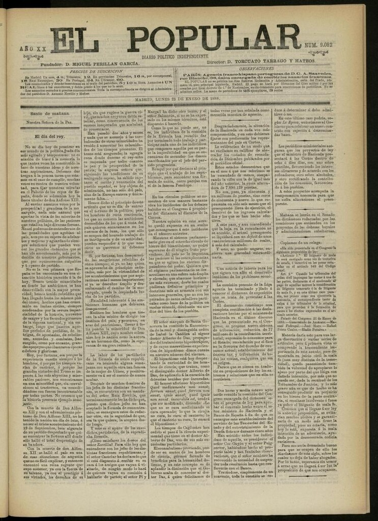 Miniatura de El Popular: diario independiente, político, literario y de noticias de interés general del 23 de enero de 1888, Nº 9082