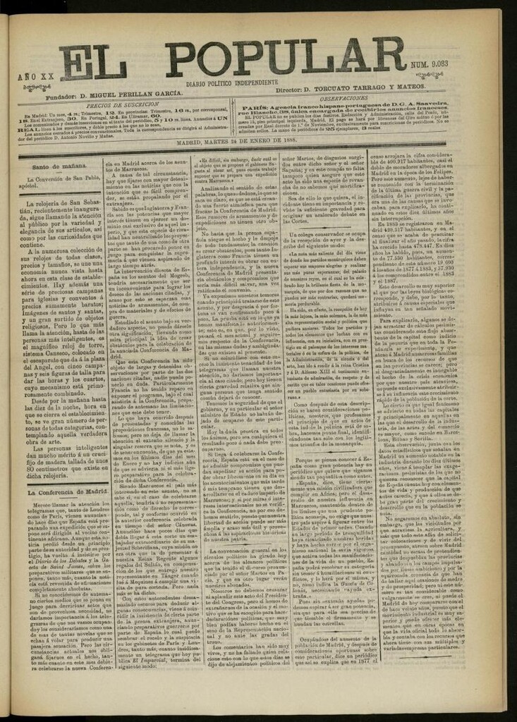 Miniatura de El Popular: diario independiente, político, literario y de noticias de interés general del 24 de enero de 1888, Nº 9083