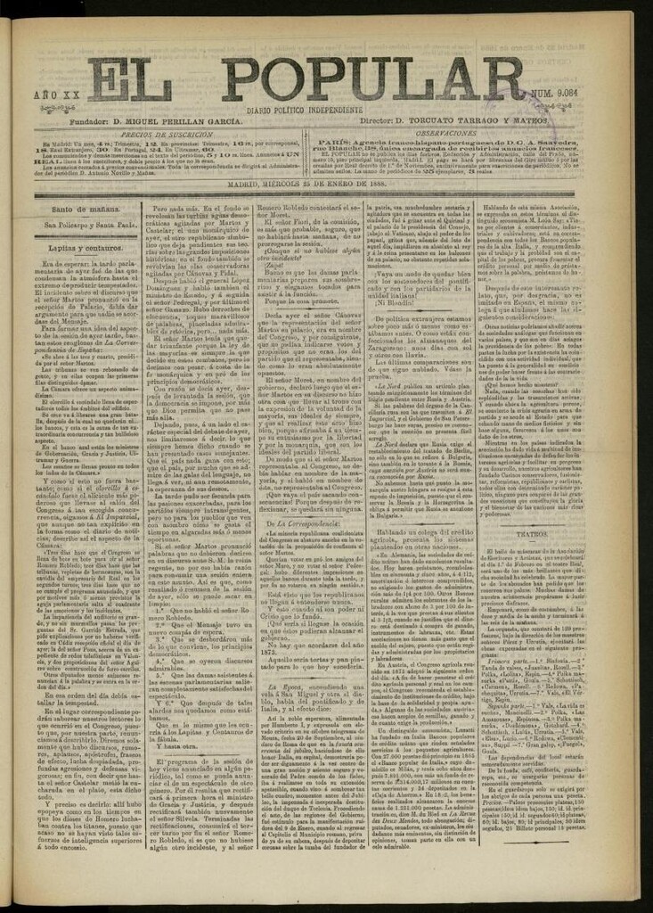Miniatura de El Popular: diario independiente, político, literario y de noticias de interés general del 25 de enero de 1888, Nº 9084