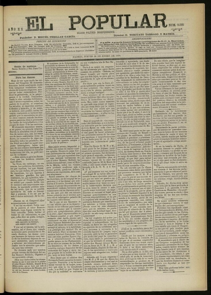 Miniatura de El Popular: diario independiente, político, literario y de noticias de interés general del 26 de enero de 1888, Nº 9085