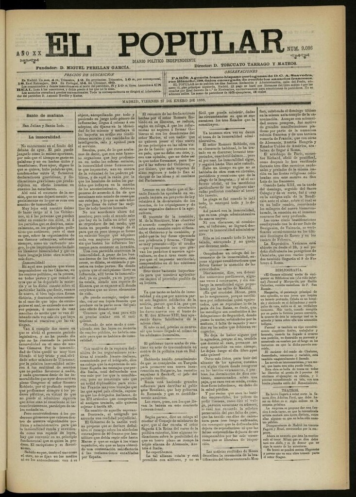 Miniatura de El Popular: diario independiente, político, literario y de noticias de interés general del 27 de enero de 1888, Nº 9086