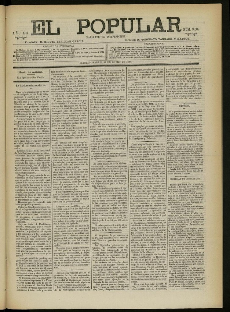 Miniatura de El Popular: diario independiente, político, literario y de noticias de interés general del 31 de enero de 1888, Nº 9089