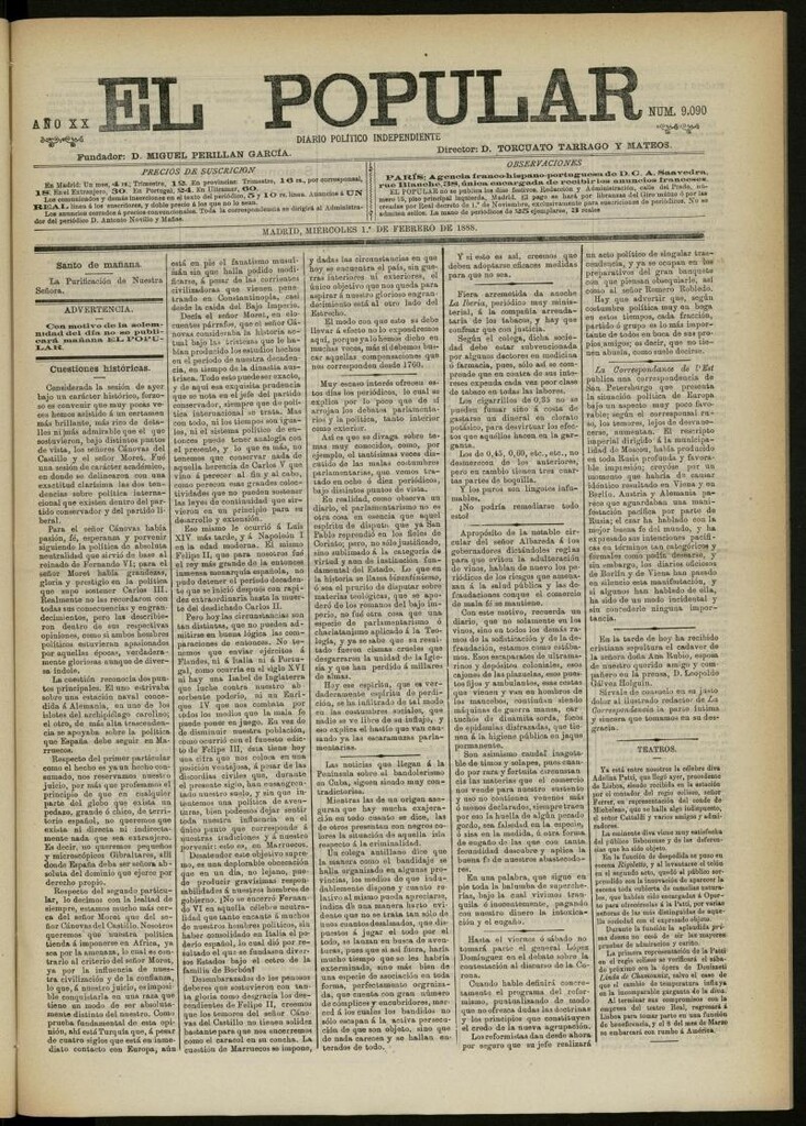 Miniatura de El Popular: diario independiente, político, literario y de noticias de interés general del 1 de febrero de 1888, nº 9090