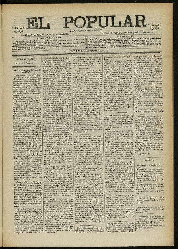 Miniatura de El Popular: diario independiente, político, literario y de noticias de interés general del 3 de febrero de 1888, nº 9091