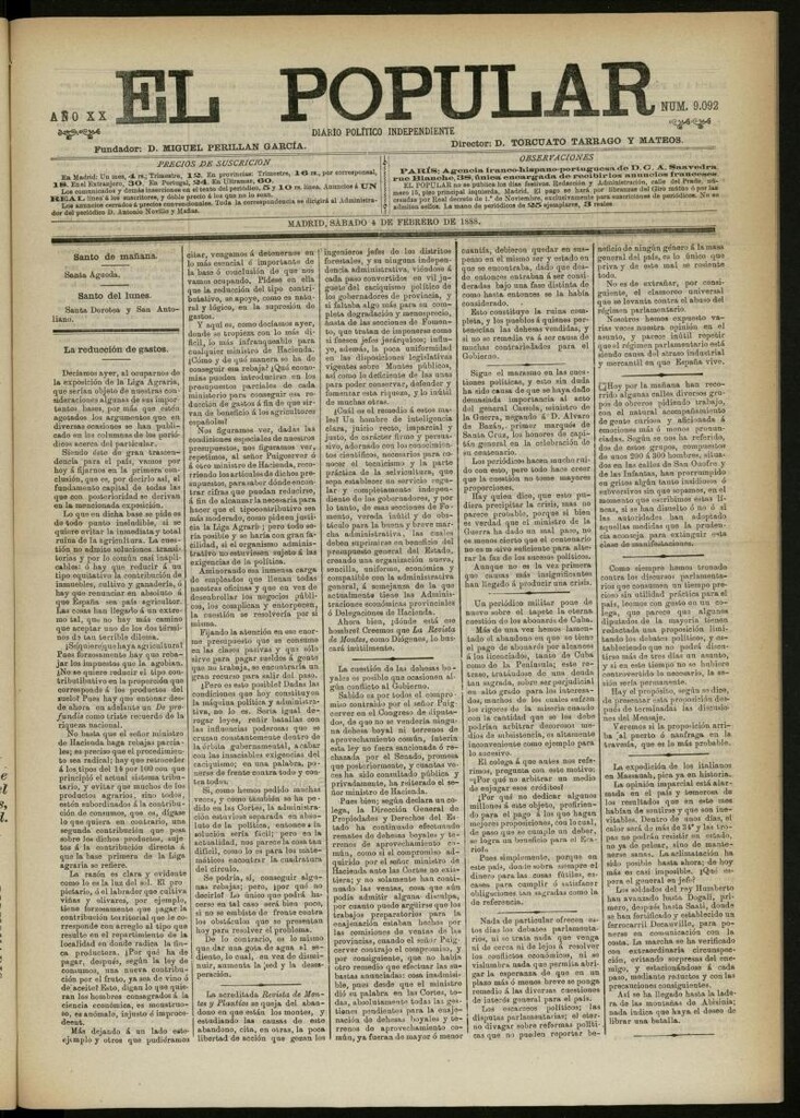 Miniatura de El Popular: diario independiente, político, literario y de noticias de interés general del 4 de febrero de 1888, nº 9092