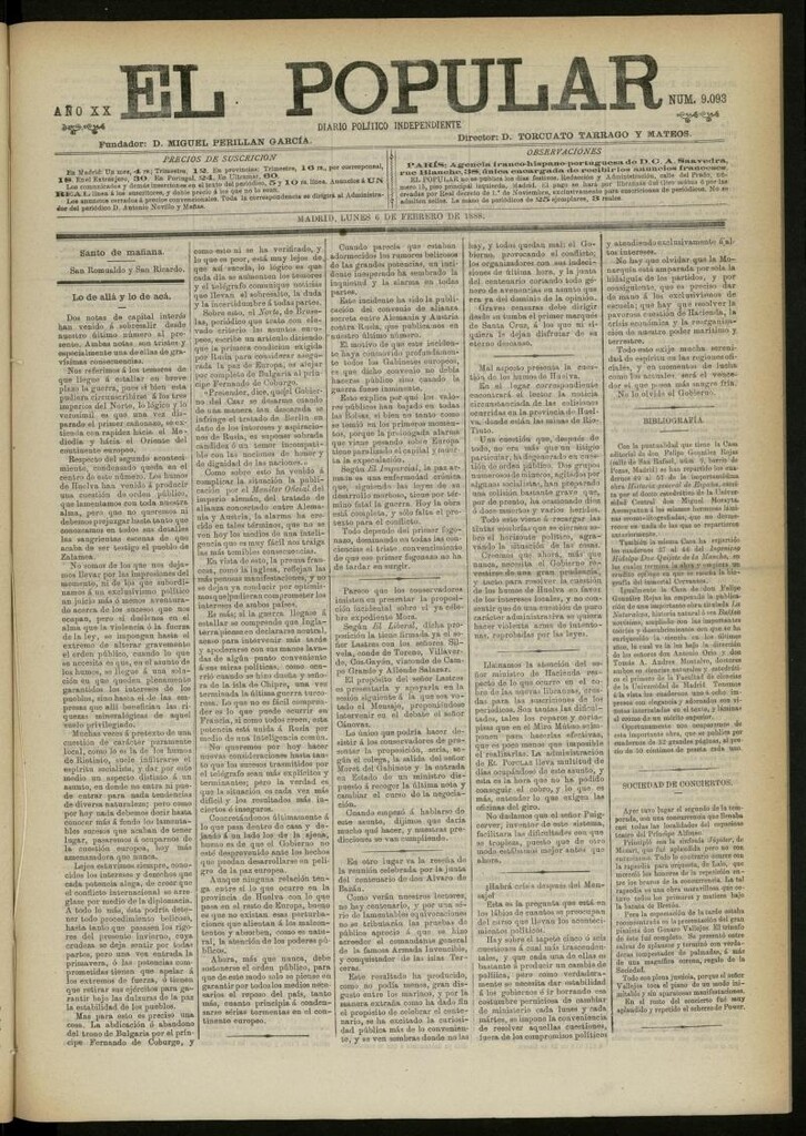 Miniatura de El Popular: diario independiente, político, literario y de noticias de interés general del 6 de febrero de 1888, nº 9093