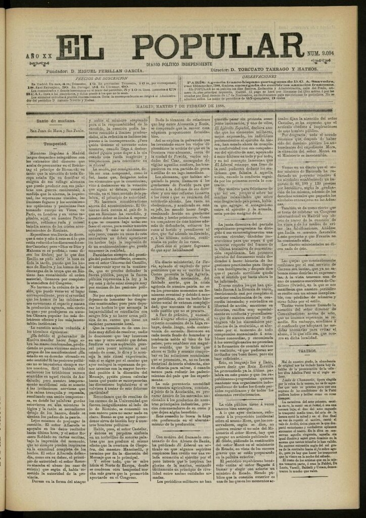 Miniatura de El Popular: diario independiente, político, literario y de noticias de interés general del 7 de febrero de 1888, nº 9094