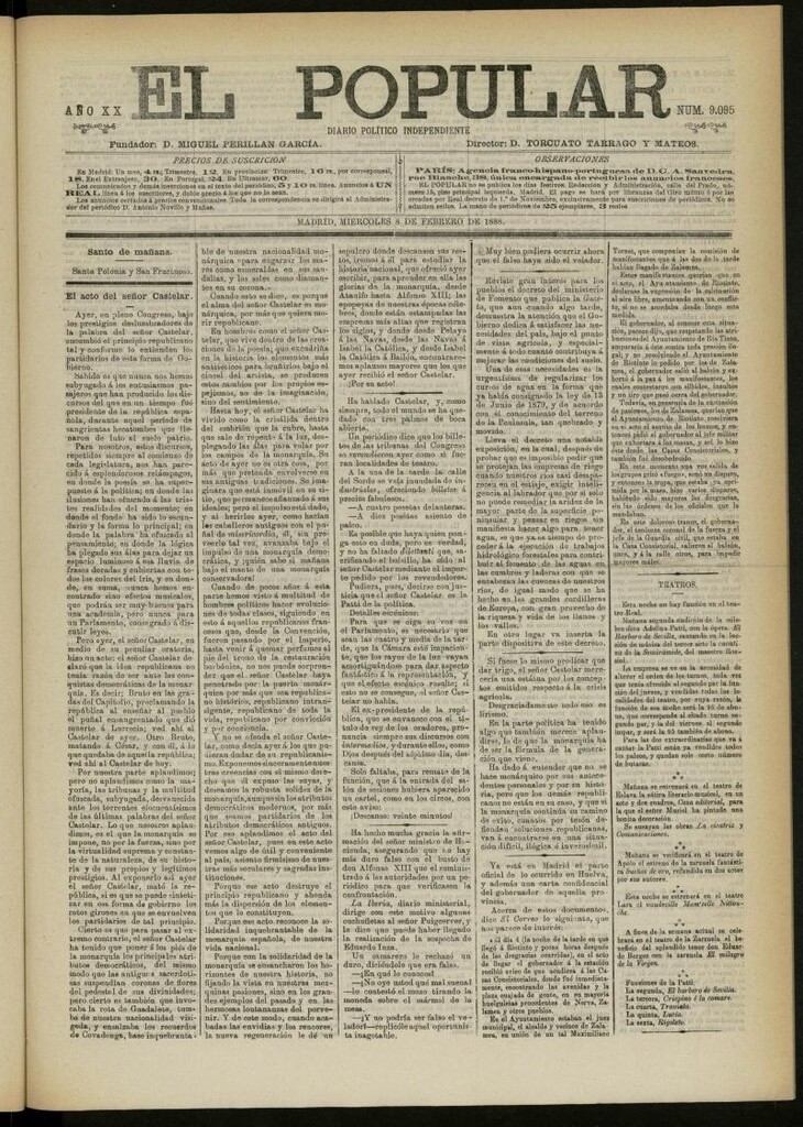 Miniatura de El Popular: diario independiente, político, literario y de noticias de interés general del 8 de febrero de 1888, nº 9095