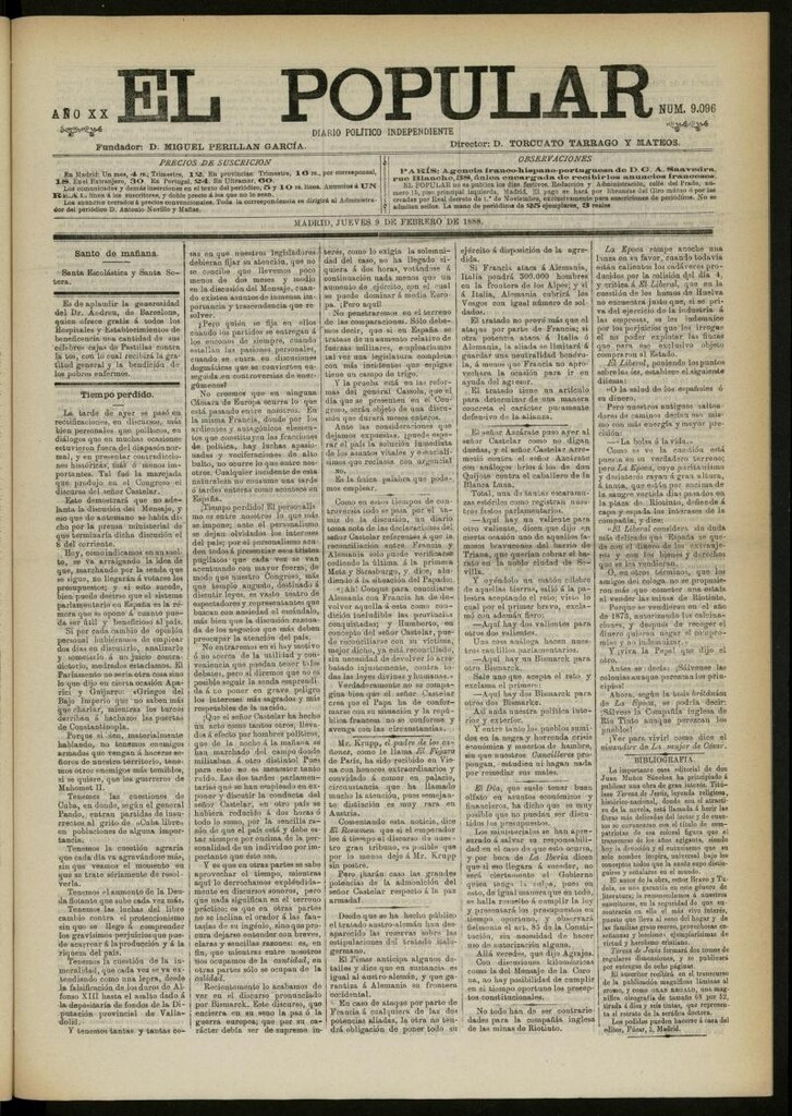 Miniatura de El Popular: diario independiente, político, literario y de noticias de interés general del 9 de febrero de 1888, nº 9096