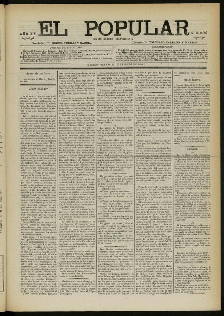 Miniatura de El Popular: diario independiente, político, literario y de noticias de interés general del 10 de febrero de 1888, nº 9097