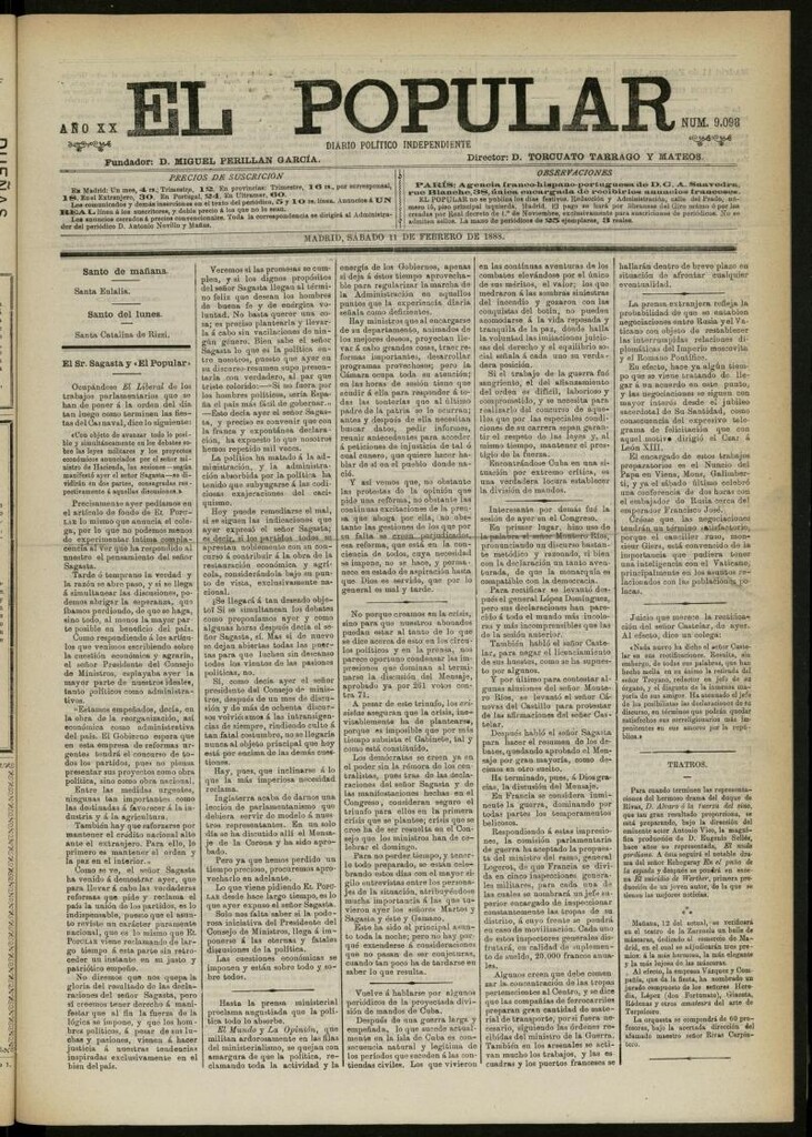Miniatura de El Popular: diario independiente, político, literario y de noticias de interés general del 11 de febrero de 1888, nº 9098