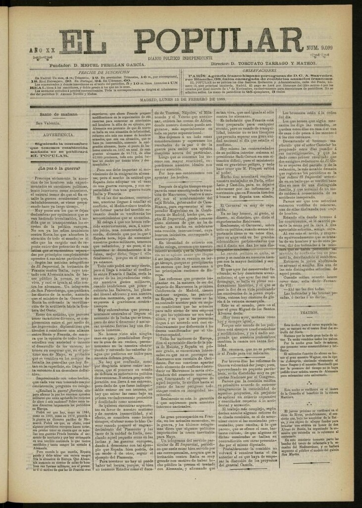 Miniatura de El Popular: diario independiente, político, literario y de noticias de interés general del 13 de febrero de 1888, nº 9099