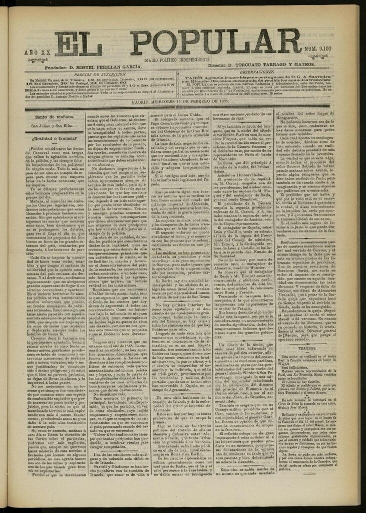 Miniatura de El Popular: diario independiente, político, literario y de noticias de interés general del 15 de febrero de 1888, nº 9100
