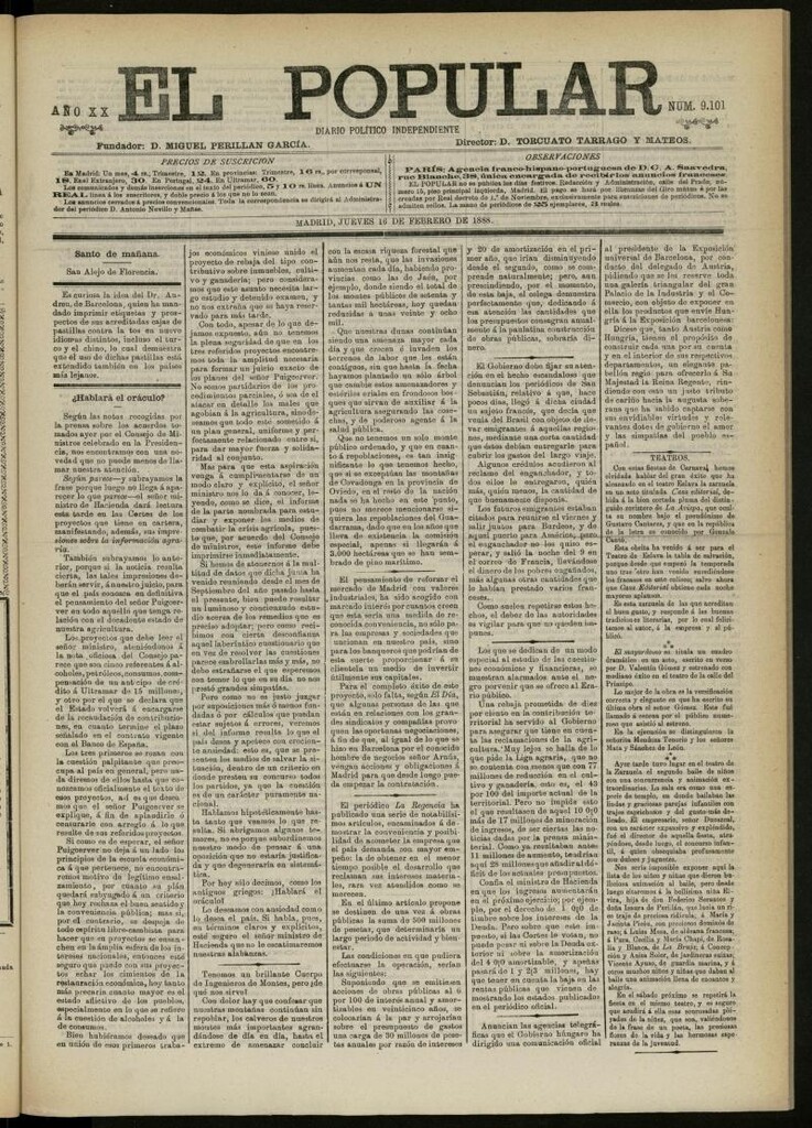 Miniatura de El Popular: diario independiente, político, literario y de noticias de interés general del 16 de febrero de 1888, nº 9101