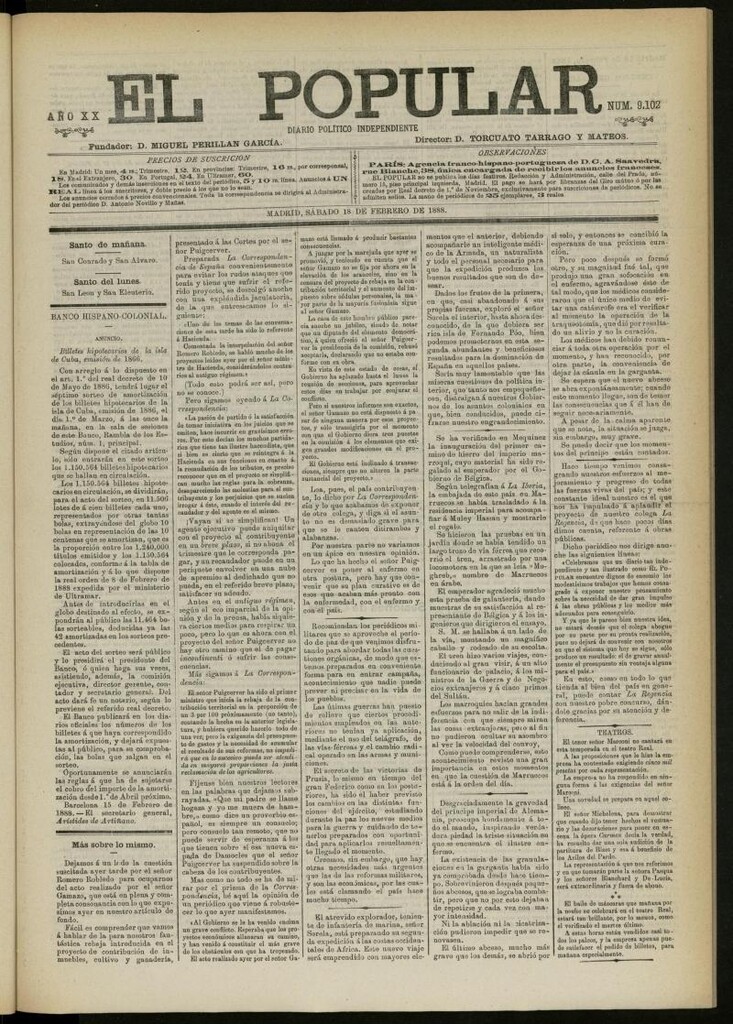 Miniatura de El Popular: diario independiente, político, literario y de noticias de interés general del 18 de febrero de 1888, nº 9102 [sic]
