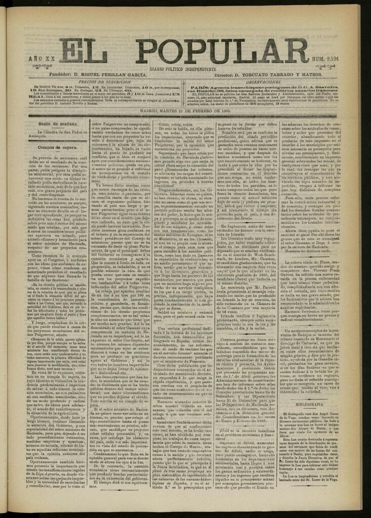 Miniatura de El Popular: diario independiente, político, literario y de noticias de interés general del 21 de febrero de 1888, nº 9104