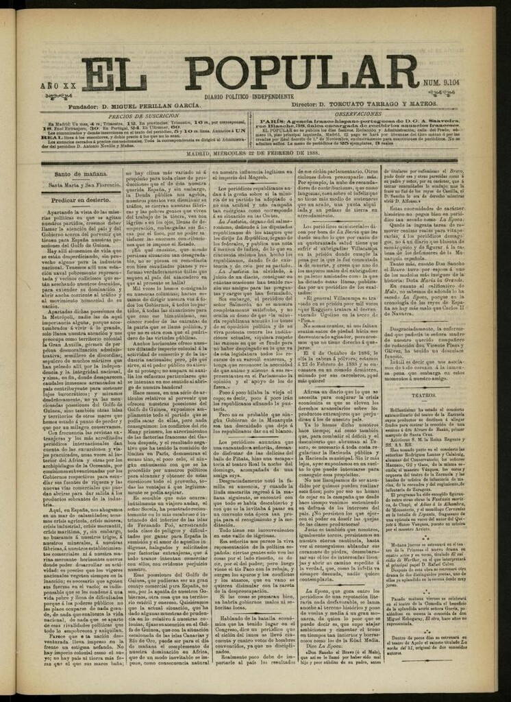 Miniatura de El Popular: diario independiente, político, literario y de noticias de interés general del 22 de febrero de 1888, nº 9104 [sic]